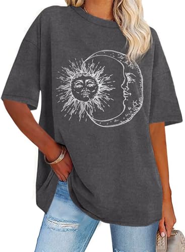 Gosunny Tshirt Damen Sommer Tops Kurzarm Oversize Bluse Rundhals Casual Oberteil（Dunkelgrauer Mond，M