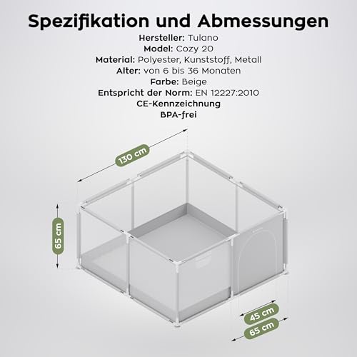 Tulano Cozy 20 Laufstall Baby 130x130 cm mit Boden – Spielgitter für Babys 6 bis 36 Monate – Tragbar Innen Außen – Faltbar – Netzwände – Metallrahmen – Kinderschutz – Reisegitter – Laufgitter – Grau