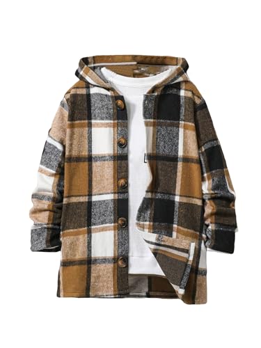 COZYEASE Boy's Plaid Print Button Down Hooded Coat Loose Midi Long Sleeve Outerwear Trendy Coat