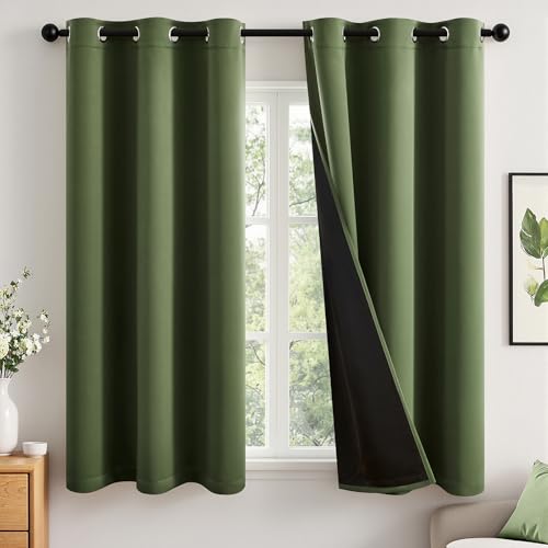 Image of MIULEE Olive Green 100% Blackout Curtains for Bedroom 40x63 Inch Long | 2 Thick Layers Thermal Insulated Window Curtains with Black Liner, Noise Reducing Grommet,Drapes for Living Room, 2 Panels
