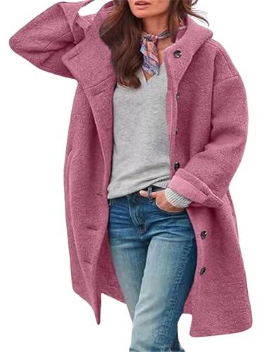 Image of loveimgs Women Winter Casual Single Breasted Hooded Jacket Pea Coat Long Wool Coat Jacket Trench Coat Overcoat (Medium, Rose red)