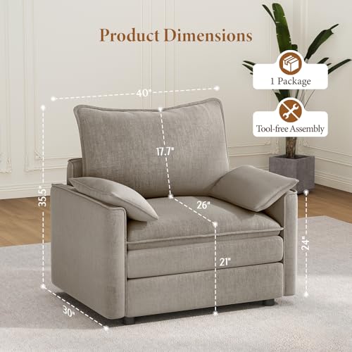 Image of Vesgantti 40 inch Single Seat Sofa, Comfy Cloud Couch Deep Seat Upholstered Couch Chenille Modern Sofa with Armrest Pillow, Easy Assembly for Living Room, Bedroom and Apartment, Light Brown