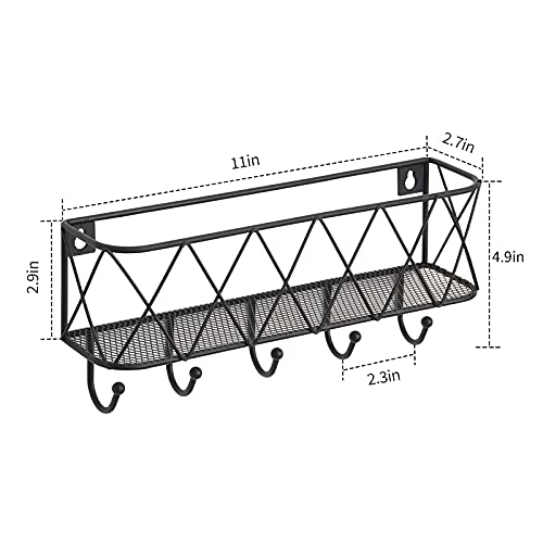 Snughome Entryway Mail Holder With Key Hooks For Wall, 11’’L Wall Mounted Matte Black Metal Wire Mesh Storage Basket With Holders For Organize Letters, Magazines, Keys, Leashes(Matte Black) #TOP5