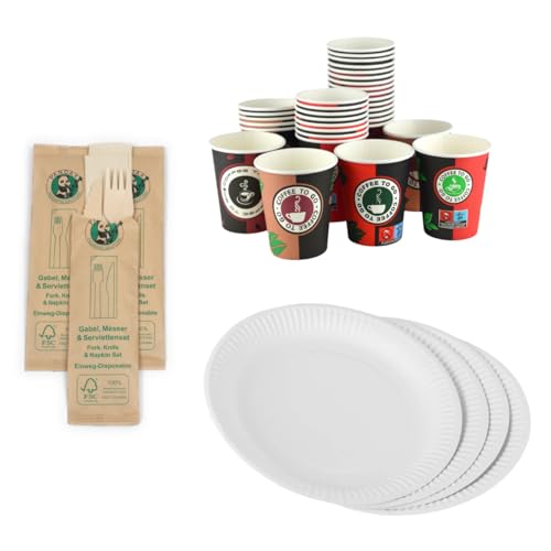 daybays100 Stk. Holzbesteck Set mit Pappteller Kaffeebecher und...