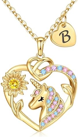 M MOOHAM Einhorn Geschenke für Mädchen - 14 Karat Gold Vergoldete Sonnenblumen Einhornkette Halskette Mädchen Schmuck Buchstabenkette Einhorn Geburtstagsgeschenk für Kinder Tochter