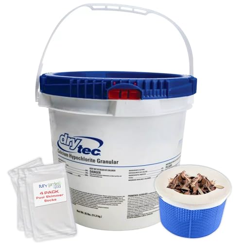 Drytec Calcium Hypochlorite Pool Shock 68% 25 LB Complete Pool Care Kit with My Garden Pool Skimmer Sock Powerful Chlorine Shock for Clear Swimming Water