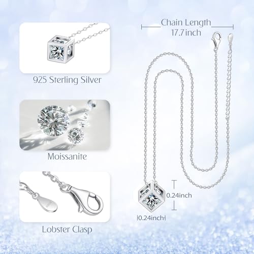 Moissanite Necklace for Women, 1 Carat Cube Pendant with 925 Sterling Silver Chain for Wife, Mother Jewelry Gifts3