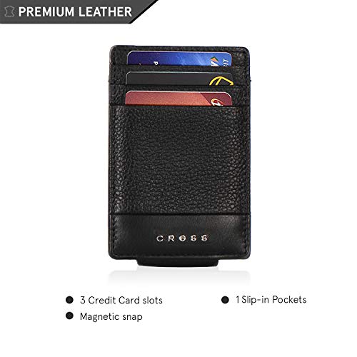Image of Cross Leather Men's Money Clip Wallet | 3 Card Slots | 1 Multi-Purpose Slip-in Solts | Magnetic Closure Money Clip- Black | Premium Design | Lightweight | Genuine Leather