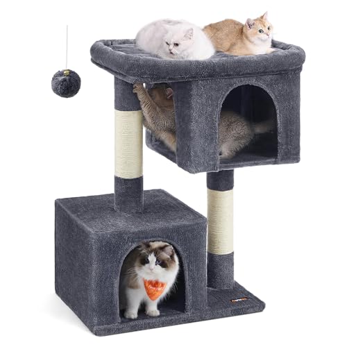 Feandrea Cat Tree, 101 cm Tower, XL Condo for Extra Large Cats up to 20 kg, Large Perch, 2 Caves, Scratching Post, Smoky Grey PCT614G01