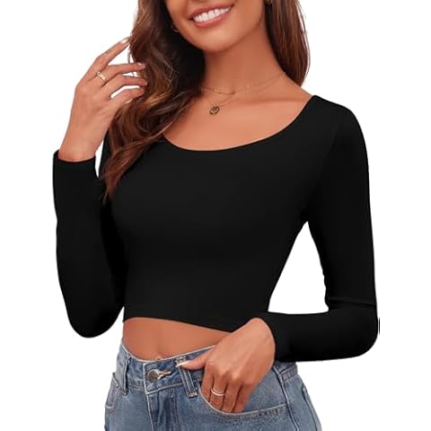 Women's Basic Long Sleeve Crop Tops Casual Slim Fitted Going Out Shirts Fashion Lightweight Shirts 2024 (Black Large) Cover