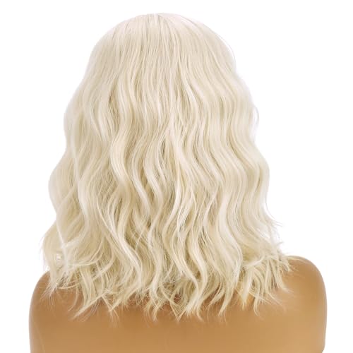 Image of BERON Blonde Wigs for Womens Short Curly Wavy Wig Girls Platinum Blonde Side Part Wigs Shoulder Length Heat Resistant Synthetic Cosplay Party or Daily Use Wig