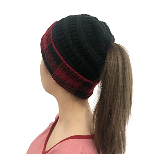 PRDECE Sombreros europeos y americanos de otoño e invierno a cuadros Curling sombreros de cola de caballo de punto para las mujeres, Rejilla negra y roja, Talla única Cover