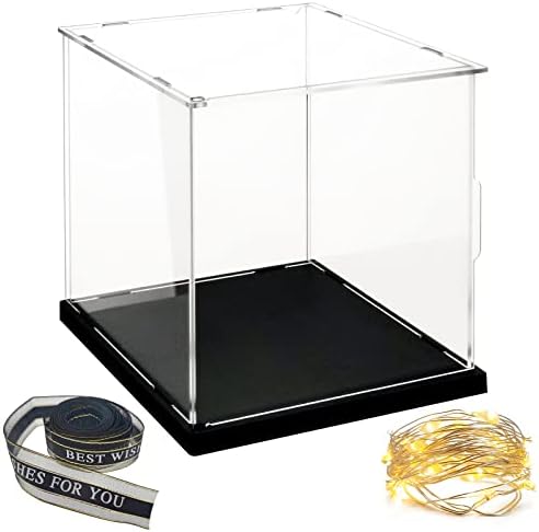 LANSCOERY Clear Acrylic Display Case with Light and Ribbon for Collectibles, Assemble Cube Open Display Box Stand Dustproof Protection Showcase for Action Figures Toys (6x6x6inch;15x15x15cm)