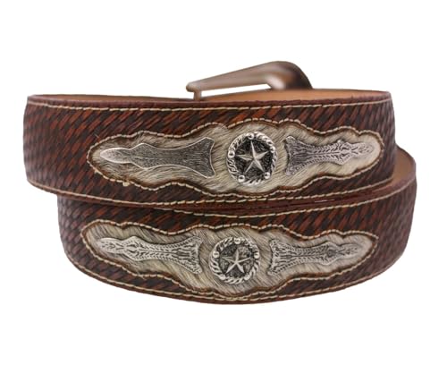 El Presidente Mens Cognac Ranger Cowboy Leather Belt Concho Silver Buckle2