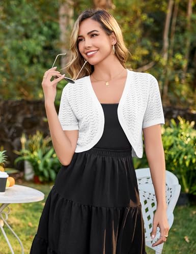 سترة نسائية من Totatuit مفتوحة من الأمام بأكمام قصيرة محبوكة سترة قصيرة مقصوصة بوليرو شال لتغطية الملابس العتيقة, ابيض, XXL