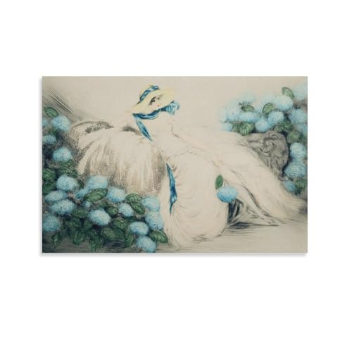 Toile femme aux fleurs bleues Louis Icart pour déco murale de chambre cosy