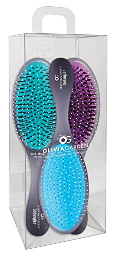 Olivia Garden OG Brush Collection, removable cushion, scalp hugging massages the scalp, 1 fine to medium and 1 medium to thick detangler, 1 smooth and shine styler, for wet or dry hair, Black 3pc box