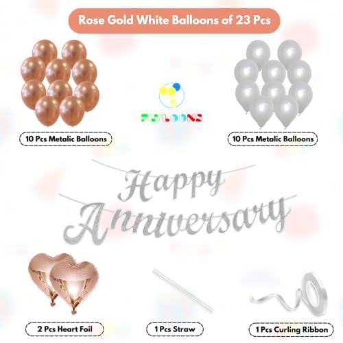 Image of Flyloons Happy Anniversary Decoration Items Rose Gold White for Men Women Husband Wife Mom Dad Parent Couple Home Bedroom Car With 20 Pcs Metallic Balloons Anniversary Banner 2 Pcs Heart Set Kit