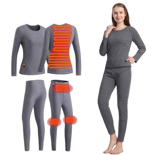NBKUOLE Heated Thermal Underwear for Men Women Electric Heating Undershirt Top Bottom Set Fleece Lined Base Layer Long Johns,Women Grey,L