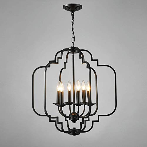 Saint Mossi Black Farmhouse Chandelier with 6 Lights,Lantern Metal Pendant Lighting for Dining Room,Living Room,Kitchen,Foyer,W23"x H26" with Adjustable Chain - Thumbnail 4