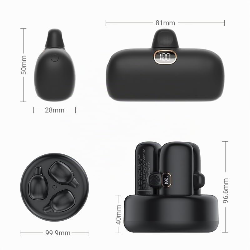 Pocket Powerbank Set 3er-Pack, 5000 mAh Mini-Powerbanks mit integriertem Stecker, LED-Anzeige, kleine Größe, tragbares Ladegerät für Smartphone/Tablet/Reise（Schwarz）