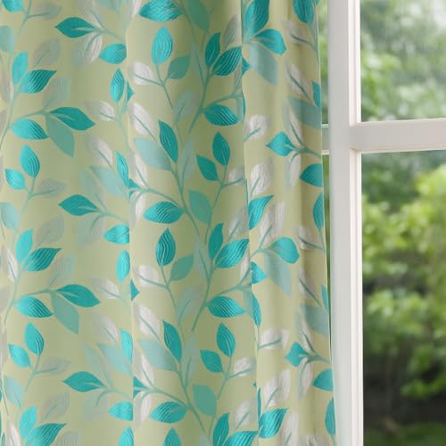 Stuffique Polyester Eyelet Leaves Pattern Curtain 8 Feet Long, Pack of 2 (Aqua)