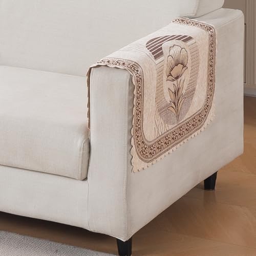 Image of HOKIPO Noor Beige Premium Chenille Jacquard Sofa Armrest Cover - 1 Pair | 'Royal Aangan Series' (IN-1006-L4*2)