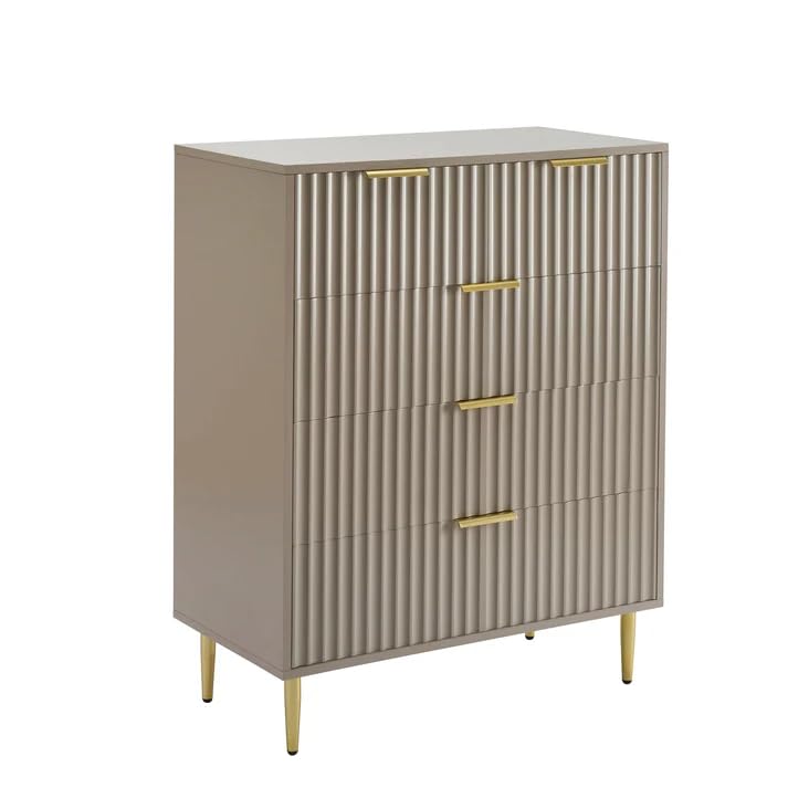 Image of Wooden Chest of Drawers | 5 Drawers Dresser Console Cabinet for Bedroom, Living Room, Drawing Room & Office | Multipurpose Sideboard Storage|HDMR Premium Wood & Iron(Taupe & Golden)
