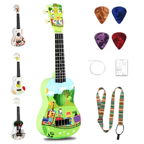 RANMING - Ukelele de 21 pulgadas para principiantes y niños, kit de inicio de ukelele de 4 cuerdas con...