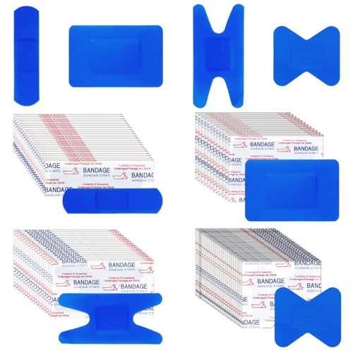 200 Pcs Waterproof Blue Bandaids 4 Shapes Food Service Blue Detectable Adhesive Flexible Bandages with Quilt-Aid Pad Breathable Bandaids for Catering Wound Care and Protection