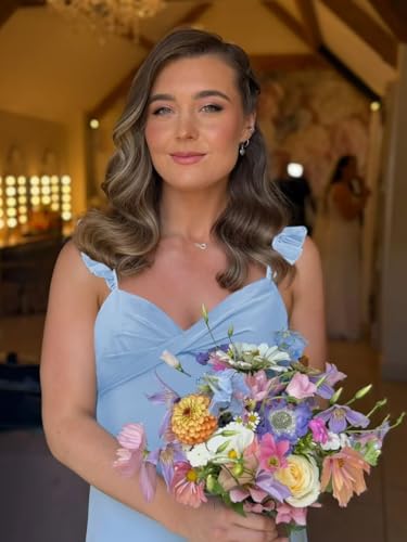 Women's Chiffon Bridesmaid Dresses Ruffle Spaghetti Straps Long A Line Formal Evening Gown with Slit3