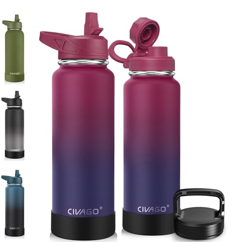 Image of CIVAGO 40 oz Insulated Water Bottle With Straw, Stainless Steel Sports Water Flask Cup with 3 Lids (Straw, Portable Spout and Handle Lid), Double Walled Travel Thermal Canteen Mug, Dark Rainbow