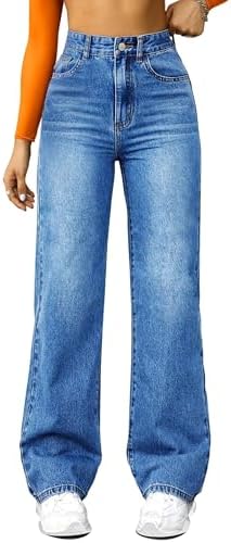 FUNUCA Straight Leg Jeans for Women,High Waisted Wide Leg Loose Microelastic Boyfriend Denim Pants Blue
