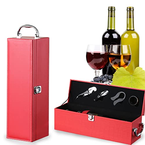 Bottle Wine Carrier,Leather Wine Gift Boxes ,for Wedding, Anniversary,Travel, Restaurant, Party, Gifts for Wine Lovers , Storage Box for Home Bar Wine Collection With 4pcs Wine Accessories Set? Red?