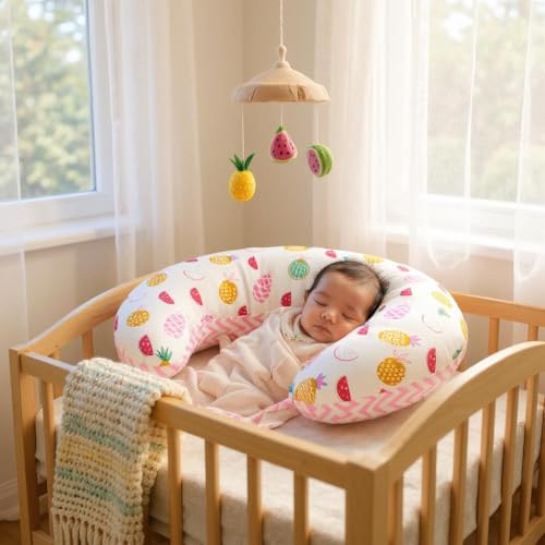 Image of VParents Multipurpose Baby Feeding Nursing Cum Maternity Pillow for New Born Cotton, Recommended for Maternity, Nursing, Medical Fruity (Pink) 110589