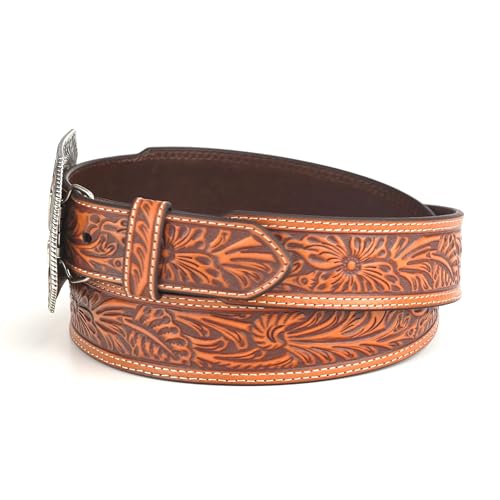 ARIAT Tan Genuine Leather Men's Tapered Belt with Embossed Floral Body A10422084