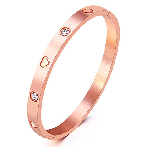 Christmas Gift MVCOLEDY Jewelry Gold /White Gold Plated Bangle Bracelet Heart Stone Stainless Steel with Crystal Bangle Bracelets for Women Jewelry Size 6.7 Inches