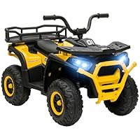 AIYAPLAY 12V Kids Electric Ride on ATV, Battery Powered Quad Bike with 4 Suspension Wheels, Forward Reverse Function, Headlights, Music, Storage Basket, for Ages 3-5 Years, Yellow