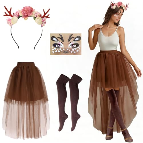 MINGJAY Deguisement Renne Femme,4 Pièces Serre Tete Renne Tutu Jupe,Deguisement Rennes de Noel Femme,Costume De Rennes Deguisements,Cerceau Bandeau Bois Rennee,pour Femmes Carnival Halloween Noël