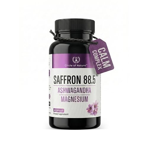 CIRCLE OF NATURE Saffron Supplement 88.5 mg with Ashwagandha & Magnesium Glycinate, Mood Uplifter, Eye Health & Better Rest, 60 Clean Capsules, Made in USA