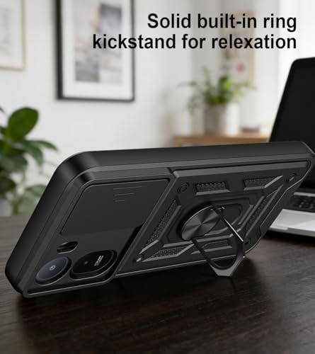 Image of Tough Armor Bumper Back Cover for Mi Redmi A7 Pro 5G / Poco C85X 5G | Sliding Camera Cover, Kickstand & Ring Holder 360 Degree Protection Cover for Redmi A7 Pro 5G / Poco C85X 5G - Black