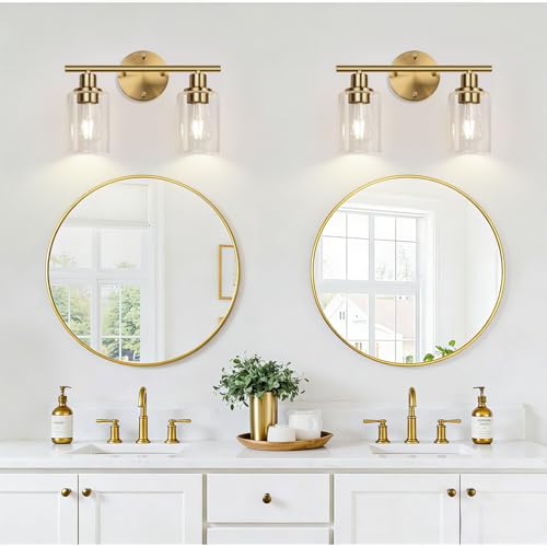 Image of Zarbitta 2-Light Bathroom Light Fixtures, Brushed Gold Vanity Light, Modern Vanity Lights with Clear Glass Shade, Bathroom Wall Lamp for Mirror Kitchen Living Room Hallway Cabinet Porch