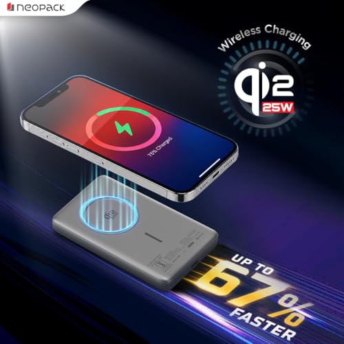 Image of Neopack Rapid Pro Magsafe Power Bank 10000 mAh with 25W Fast Wireless Charging | QI2 Technology | LED Indicator | Strong Magnetic Hold | USB-C in & Output Compatible with iPhone 12 & New Models, Grey