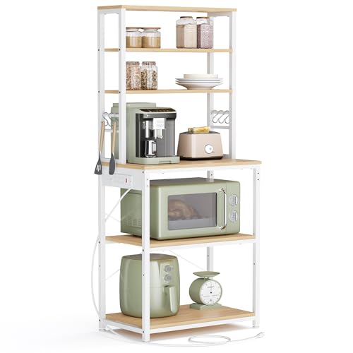 Image of VASAGLE Bakers Rack with Power Outlet, 23.6 Inches Coffee Bar for Kitchen with Storage, 6-Tier Kitchen Shelves with 6 Hooks, Microwave Stand, Industrial, Golden Oak and Cloud White UKKS124Y03