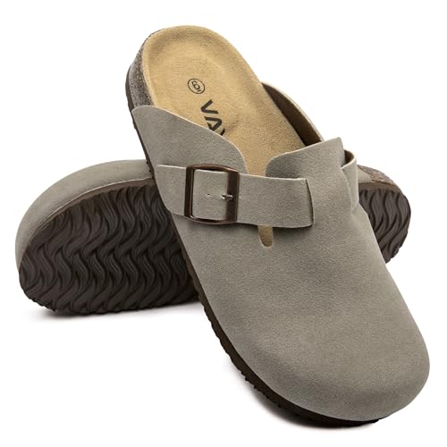 Image of Women Suede Clogs Casual Slip On Potato Mule Slippers | Soft Suede Upper, Arch-Support Cork Insole, Adjustable Buckle, Anti-Slip Sole