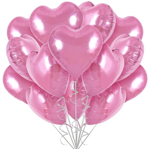 TONIFUL 30Pcs 18 Inch Pink Heart Balloons Pink Heart Shape Foil Mylar Balloons Decoration for Birthday Valentines Day Wedding Bridal Shower Anniversary Engagement Party Supplies