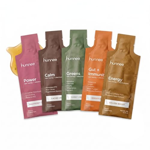 Hunnee Variety Pack - Organic Honey Gel Sachets, 5 Blends, 15 Sachets