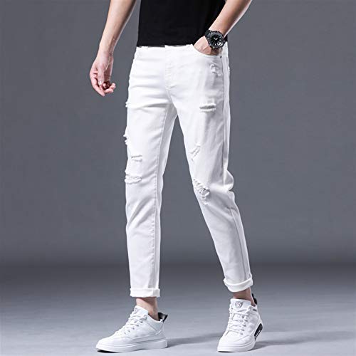 Micro-Elastic Mid-Rise White Casual 9-Point Pants Washed Youth Jeans (Size : Medium)3