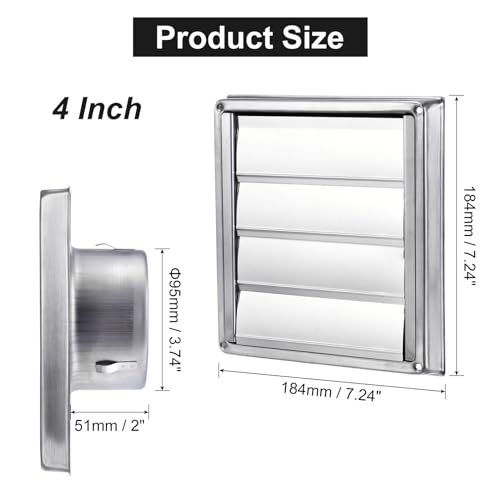 PATIKIL Dryer Vent Cover, 4 Inch, Stainless Steel Exterior Wall Outlet Vent Grille, Louvered with Moving Flap and Screen Mesh - Image 2