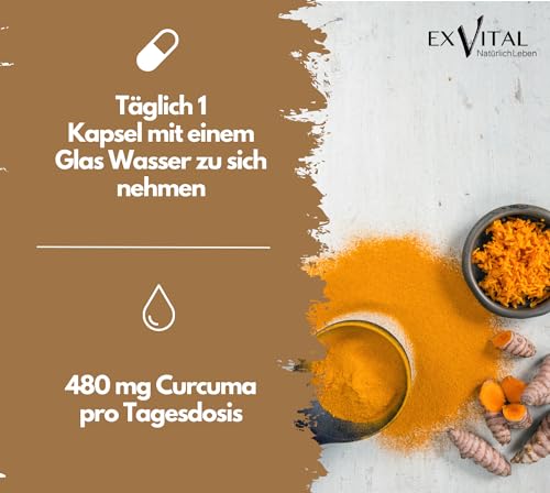 Exvital Curcuma + Bioperin ® - Curcumin hochdosiert, 1500 mg, 90 Kapseln, 1er Pack (1 x 72 g)